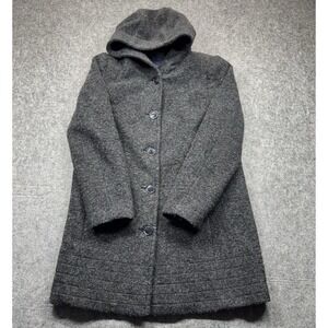 Land's End Women's 4P Petite Dark Gray Pea Coat Winter Jacket Hooded Button Wool